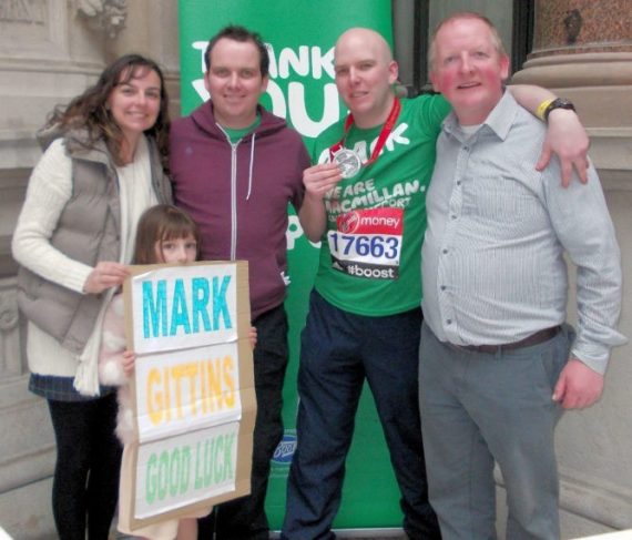 Congratulations to Mark Gittins, son of the late Cath and Terry Gittins and grandson of the late Birdie and Patsy Ahern, Coole East who completed the London 26 mile Marathon in over 5 hours on 26th April 2015 raising over £1,000  for Macmillan Cancer.  He had mighty support from his uncles, aunts, and friends as well as his brother, sister, their families and of course Ray who cheered and encouraged him all the way. Well Done. Thank You to everybody for their huge support. 