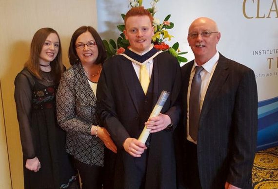 Eamonn Brosnan, grandson of the late Pat & Mary Brosnan, pictured with his parents, Sean & Marie and his sister, Siobhán. Eamonn graduated from the Institute of Technology Tralee with an Honours Degree in Interactive Multimedia. 